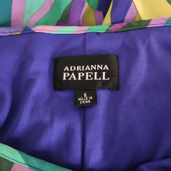 ADRIANNA PAPELL Green Yellow Purple  Geometric Print Cold Shoulder Sleeve Dress - Picture 8 of 11